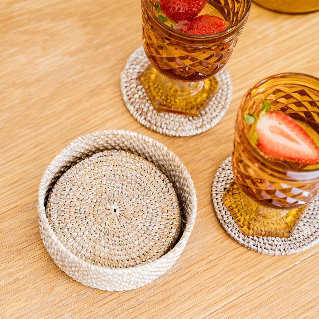 Whitewash rattan coaster set