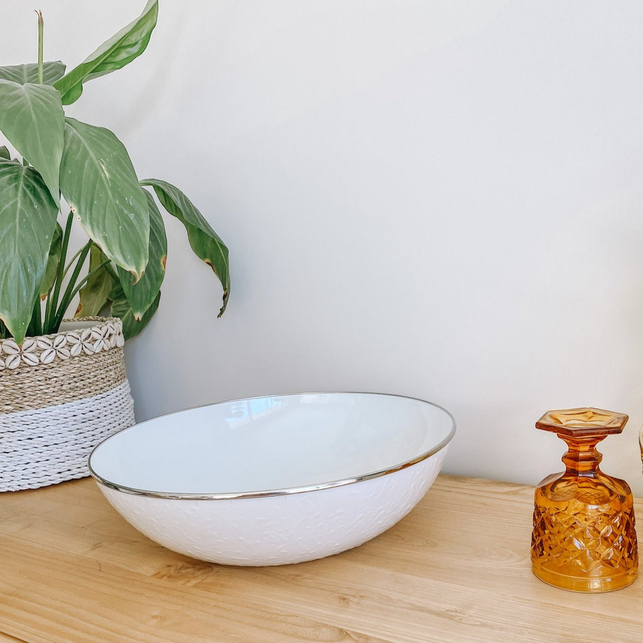 White Large Enamel Salad Bowl