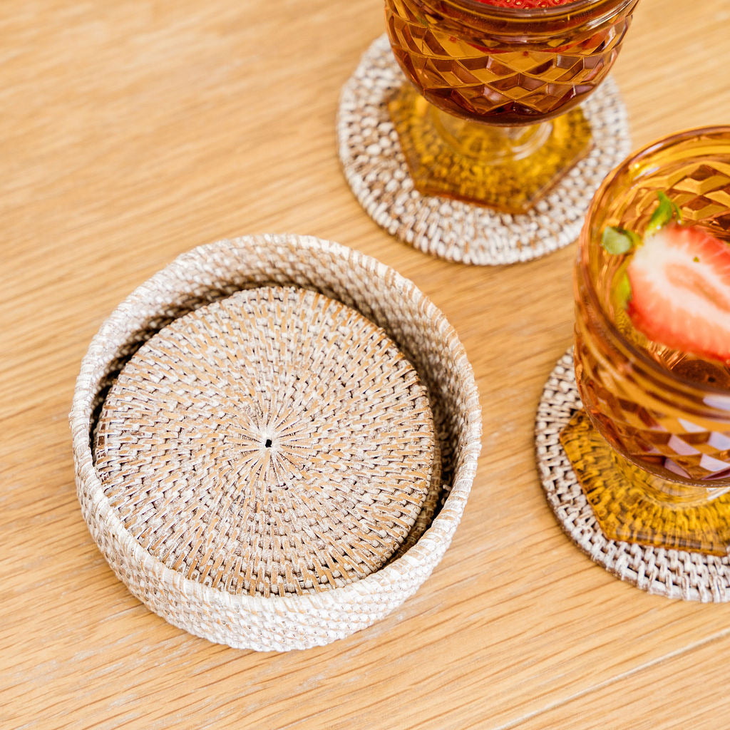 Whitewash rattan coaster set