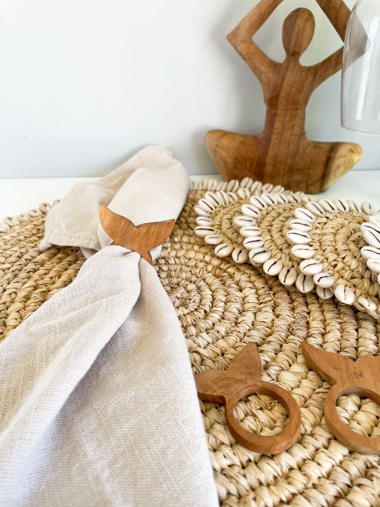 Handwoven Raffia Placemat with Cowrie Shell Trim