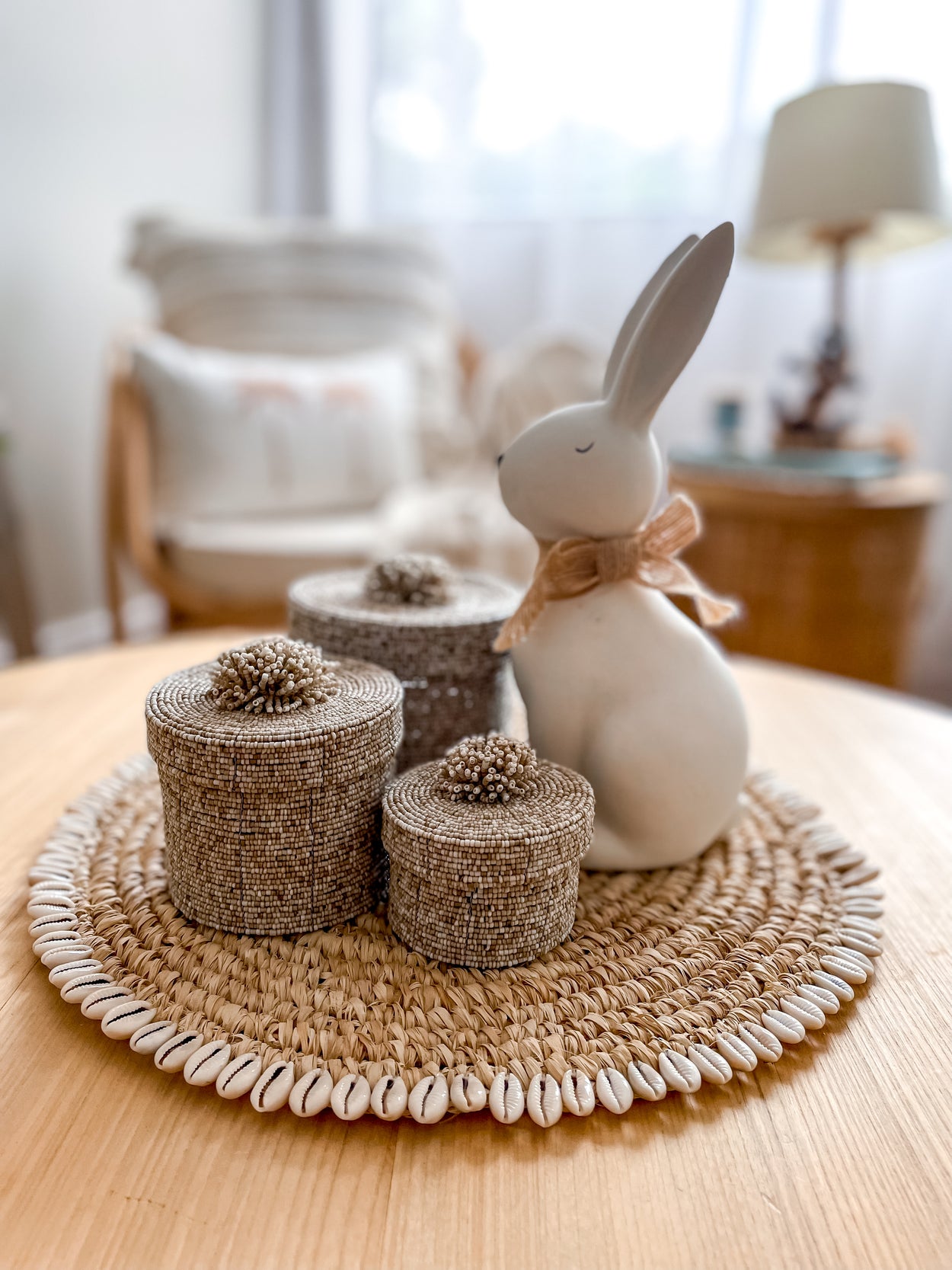 Handwoven Raffia Placemat with Cowrie Shell Trim