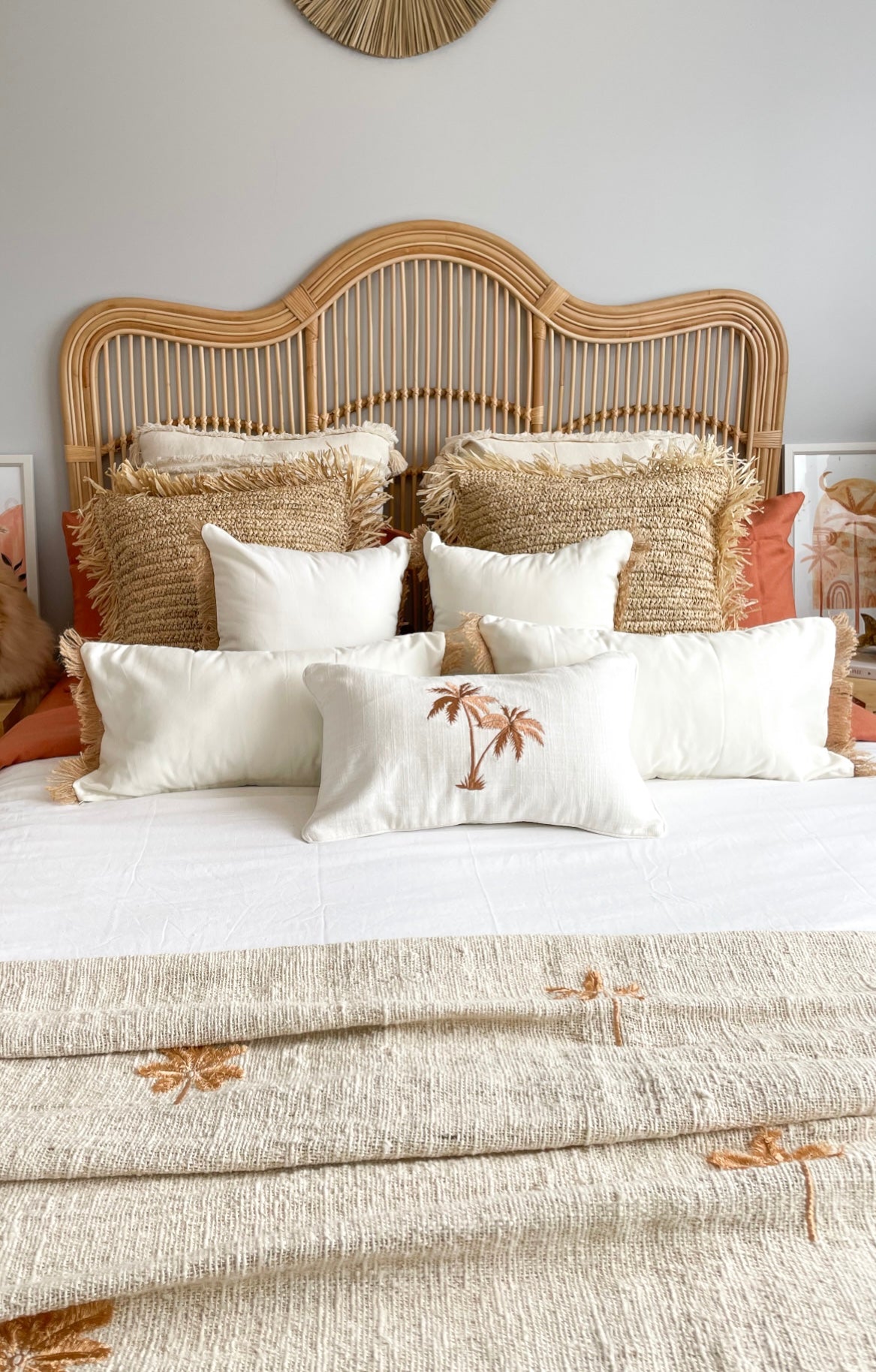 Cali Double embroidered Palm Cotton Cushion cover  | Coastal home decor