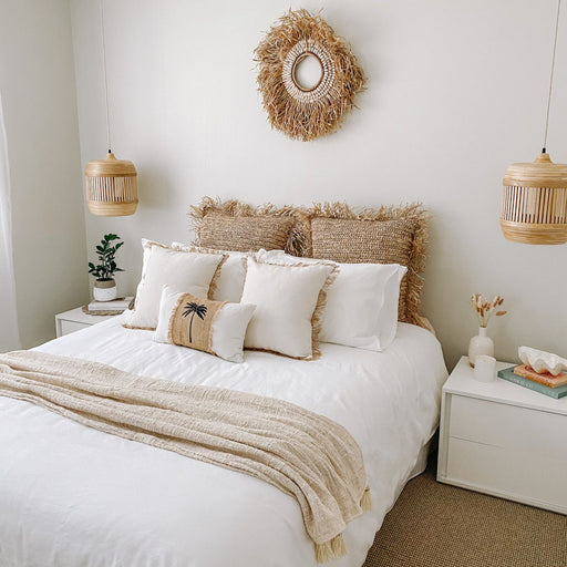 textured white cotton cushion cover with hessian fringe